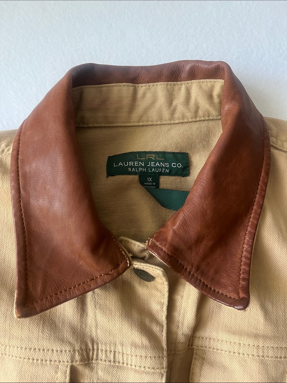 Ralph Lauren Tan Canvas Jacket with Brown Leather Collar- VTG - Picture 8 of 9